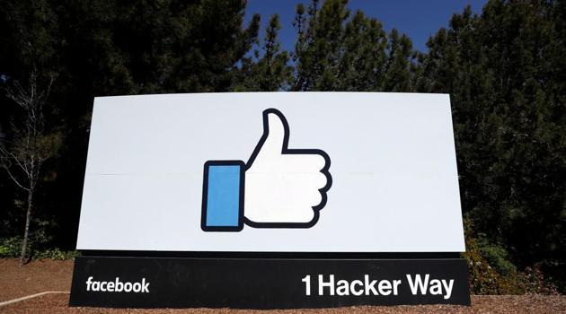 Facebook logo at the company's headquarters in Menlo Park, California.