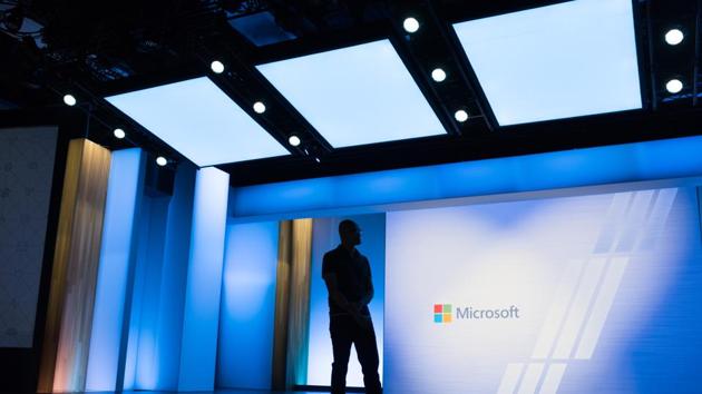 Satya Nadella, CEO of Microsoft watches a video during the Microsoft Developers Build Conference in Seattle.