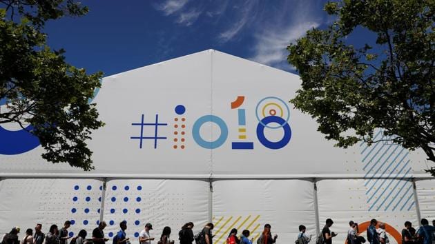 Attendees wait in line to attend a session during the annual Google I/O developers conference in Mountain View, California.
