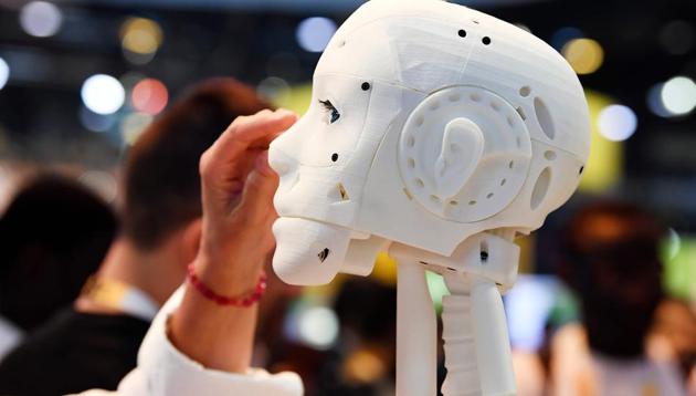 A 3D printed life-size robot is pictured at the InMoov corner during the VivaTech trade fair (Viva Technology) in Paris.