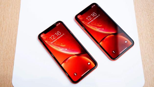 Apple iPhone XR models rest on a table during a launch event on September 12, 2018, in Cupertino, California.