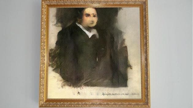 The print on canvas, titled “Edmond de Belamy, from La Famille de Belamy,” depicts a blurry and unfinished image of a man.