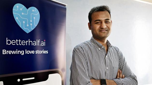 Pawan Gupta, co-founder of Betterhalf, poses for a photograph at the company's office in Bangaluru, India, on Monday, Jan. 21, 2019. Gupta, the MIT Sloan School of Management alum decided to build an AI-powered matchmaking app, one that would determine emotional, intellectual and social compatibility. He teamed up with engineer Namdev to create Betterhalf, employing a wide swath of data to figure out who could be successfully matched for marriage.