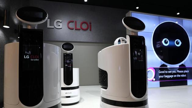 The LG CLOi robotic assistant is displayed at the LG booth during CES 2019 at the Las Vegas Convention Center on January 9, 2019 in Las Vegas, Nevada. CES, the world's largest annual consumer technology trade show, runs through January 11 and features about 4,500 exhibitors showing off their latest products and services to more than 180,000 attendees.