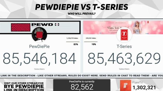 FlareTV’s livestream on the subscriber count of PewDiePie and T-Series.
