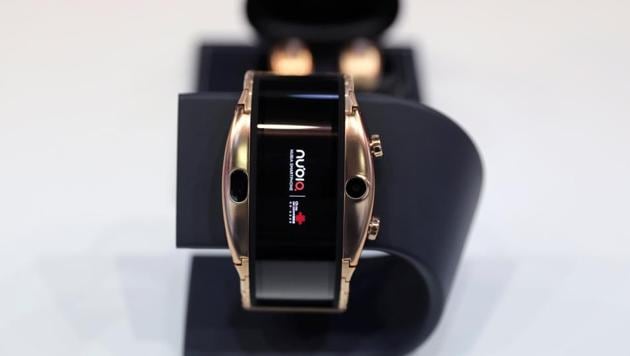A new Nubia Alpha wearable smartphone is displayed inside its booth at the Mobile World Congress in Barcelona, Spain February 25, 2019.