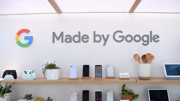 Google products, including the new Pixel 3A phone, are displayed during the Google I/O conference at Shoreline Amphitheatre in Mountain View, California on May 7, 2019.