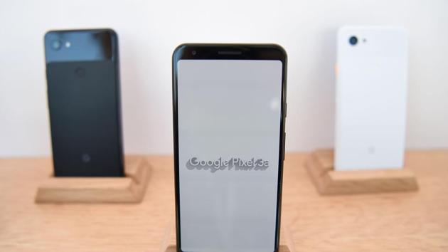 New Google Pixel 3a phones are displayed during the Google I/O conference at Shoreline Amphitheatre in Mountain View, California on May 7, 2019.
