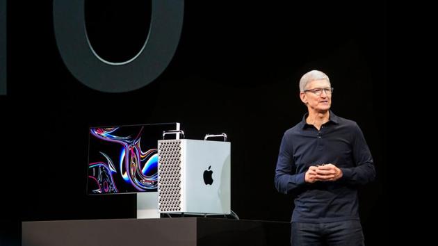 Apple CEO Tim Cook presents the new Mac Pro computer during Apple's Worldwide Developer Conference (WWDC) in San Jose, California on June 3, 2019.