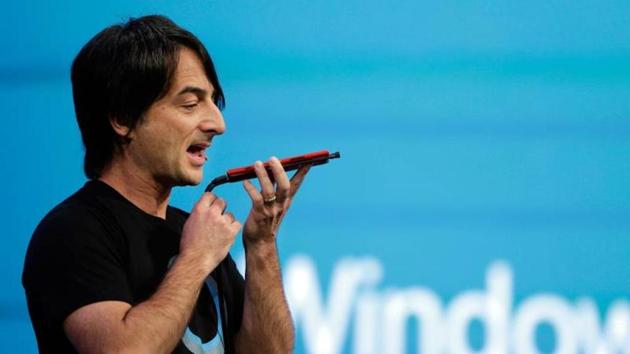 Microsoft corporate vice president Joe Belfiore, of the Operating Systems Group, demonstrates the new Cortana personal assistant during the keynote address of the Build Conference in San Francisco.