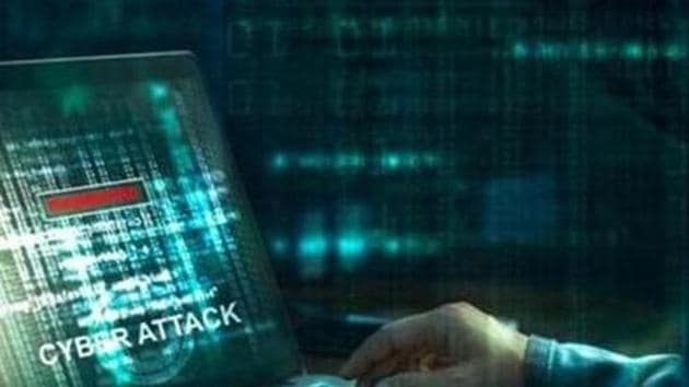 Computer hacker. Internet crime working on a code on laptop screen with dark digital background. Cyber attack in cyberspace concept