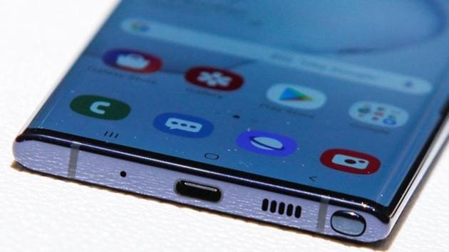 Close up of the Samsung Galaxy Note 10 phone during the launch event of the Galaxy Note 10 at the Barclays Center in Brooklyn, New York, U.S., August 7, 2019.