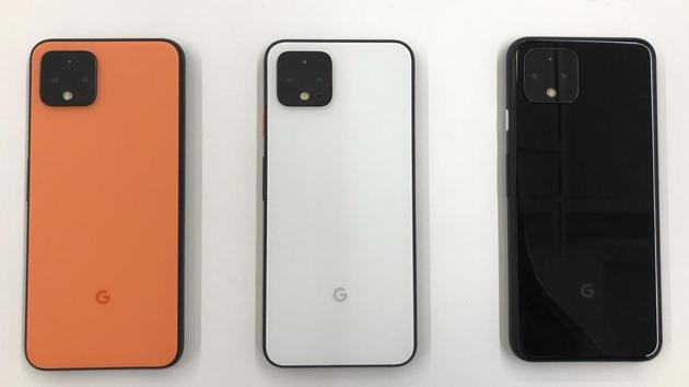 In this Tuesday, Sept. 24, 2019, photo new Pixel 4 phones are displayed at Google in Mountain View, Calif.