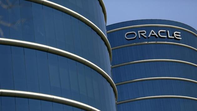 The Oracle logo on its campus in Redwood City, California.