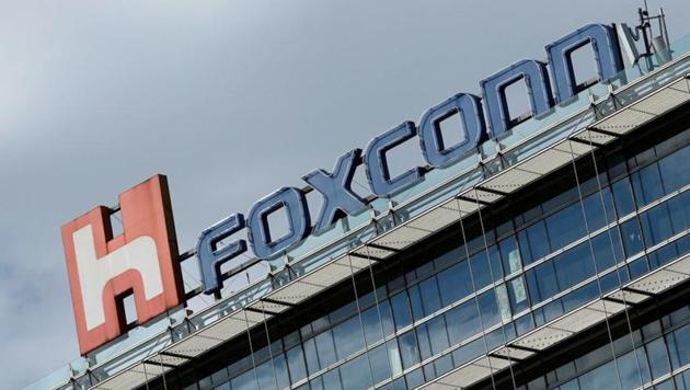 The Foxconn logo pictured on top of a company building in Taipei, Taiwan March 30, 2018.