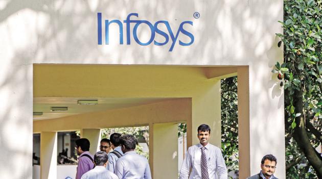 Employees walk past an Infosys logo at the campus of Infosys Ltd. at the Electronics City area in Bangalore, India.