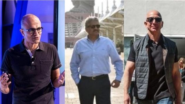 Left to Right: Microsoft CEO Satya Nadella, Mahindra Group CEO Anand Mahindra and Amazon CEO Jeff Bezos.