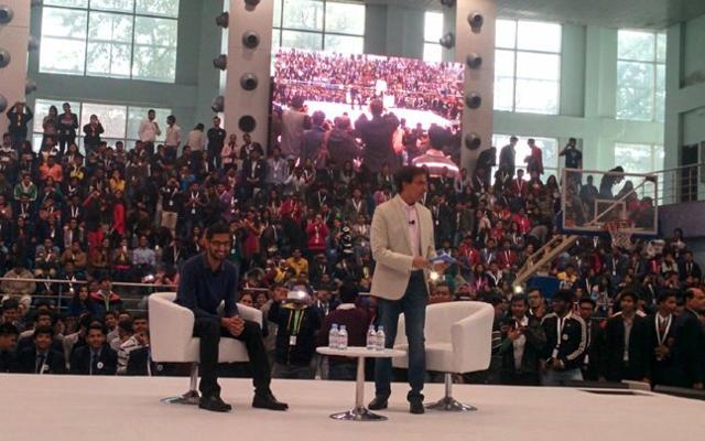 The Google CEO, who is on a two-day India visit, was interacting with Harsha Bhogle at a students meet in SRCC college The Google CEO, who is on a two-day India visit, was interacting with Harsha Bhogle at a students meet in SRCC college