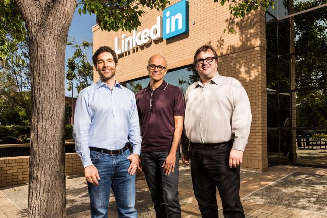 From left: LinkedIn CEO Jeff Weiner, MIcrosoft CEO Satya Nadella and founder Reid Hoffman stand infront of the LinkedIn headquarters in Mountain View, California. From left: LinkedIn CEO Jeff Weiner, MIcrosoft CEO Satya Nadella and founder Reid Hoffman stand infront of the LinkedIn headquarters in Mountain View, California.