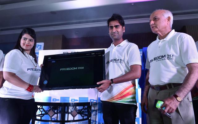 Director of Ringing Bells, Mohit Goel with CEO, Dhaarna Goel during the launch of Freedom LCD TV- 9990 and Smartphone-Ringing Bells Freedom 251, in New Delhi on Thursday. Director of Ringing Bells, Mohit Goel with CEO, Dhaarna Goel during the launch of Freedom LCD TV- 9990 and Smartphone-Ringing Bells Freedom 251, in New Delhi on Thursday.