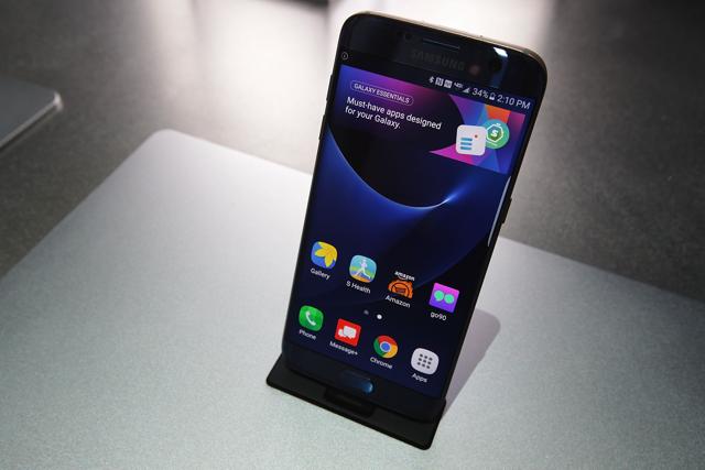 Samsung Galaxy S7 edge smartphone is on display at the Samsung booth during CES 2017 at the Las Vegas Convention Center. Samsung Galaxy S7 edge smartphone is on display at the Samsung booth during CES 2017 at the Las Vegas Convention Center.