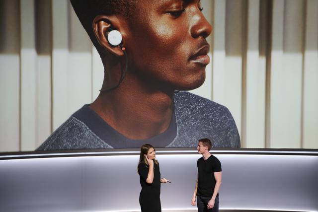 Isabelle Olsson, lead designer for home hardware for Google, Inc., and Juston Payne, Product Manager for Google Clips at Google Inc., demonstrate two-way translation using Google Pixel Buds and the Google Pixel 2 smartphone at a product launch event on October 4, 2017 at the SFJAZZ Center in San Francisco, California. Isabelle Olsson, lead designer for home hardware for Google, Inc., and Juston Payne, Product Manager for Google Clips at Google Inc., demonstrate two-way translation using Google Pixel Buds and the Google Pixel 2 smartphone at a product launch event on October 4, 2017 at the SFJAZZ Center in San Francisco, California.