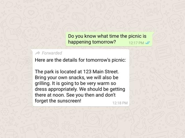 How the WhatsApp forward message indicator looks like How the WhatsApp forward message indicator looks like