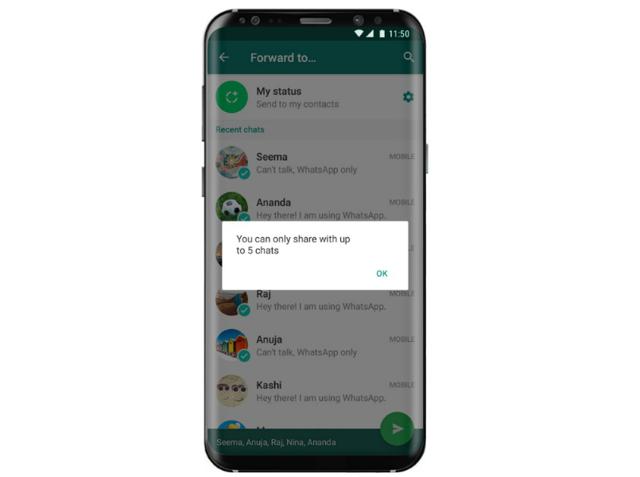 WhatsApp users can share forwarded messages to only five contacts. WhatsApp users can share forwarded messages to only five contacts.