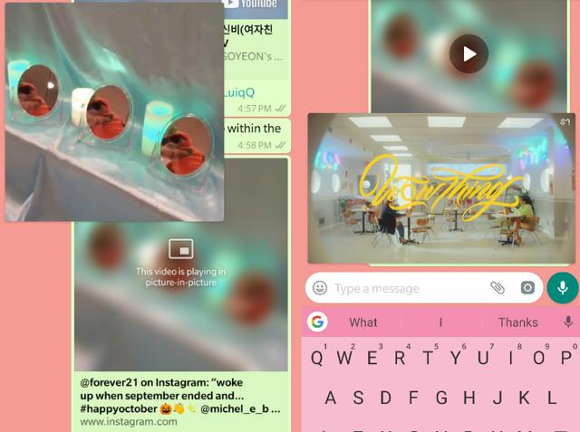 Screenshots of Picure-in-Picture mode for YouTube, Instagram on WhatsApp. Screenshots of Picure-in-Picture mode for YouTube, Instagram on WhatsApp.