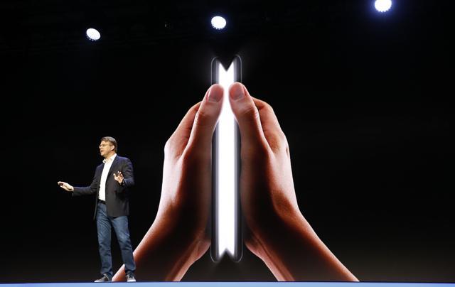 Justin Denison, Samsung Electronics senior vice president of Mobile Product Marketing, speaks during the unveiling of Samsung's new foldable screen smart phone, during the Samsung Developers Conference in San Francisco, California, US. Justin Denison, Samsung Electronics senior vice president of Mobile Product Marketing, speaks during the unveiling of Samsung's new foldable screen smart phone, during the Samsung Developers Conference in San Francisco, California, US.