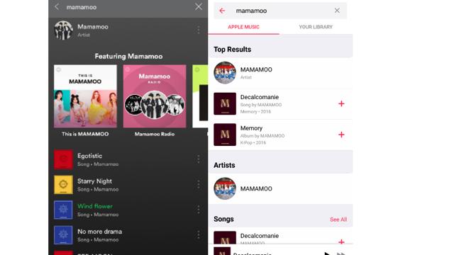 Apple Music has older songs of Mamamoo, while Spotify is updated with the latest tracks. Apple Music has older songs of Mamamoo, while Spotify is updated with the latest tracks.