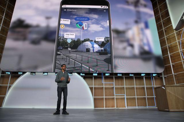 Google CEO Sundar Pichai delivers the keynote address at the 2019 Google I/O conference at Shoreline Amphitheatre on May 07, 2019 in Mountain View, California. Google CEO Sundar Pichai delivers the keynote address at the 2019 Google I/O conference at Shoreline Amphitheatre on May 07, 2019 in Mountain View, California.
