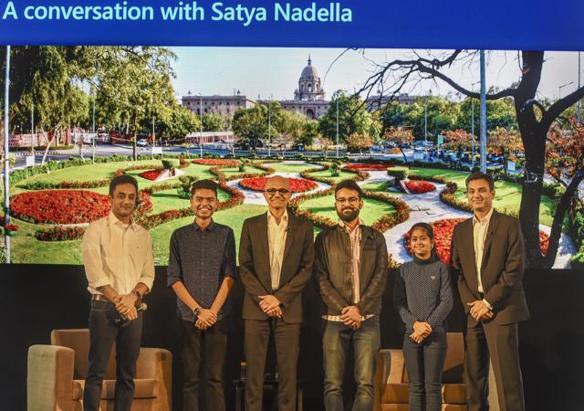 Microsoft CEO Satya Nadella poses for a group photograph along with students during the Young Innovators Summit, in New Delhi Microsoft CEO Satya Nadella poses for a group photograph along with students during the Young Innovators Summit, in New Delhi