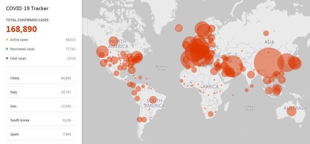 Microsoft's coronvirus tracker also gives a list of coronavirus cases based on countries. 