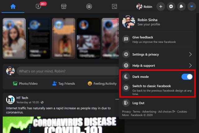 Facebook 'Dark Mode' feature. Facebook 'Dark Mode' feature.