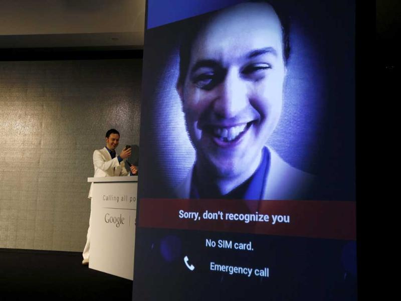 Matias Duarte, senior director of Android User Experience at Google, holding the new Galaxy Nexus smartphone, tries to demonstrate the Face Unlock feature to activate the Galaxy Nexus, the first to use the Google Ice Cream Sandwich Android OS. Matias Duarte, senior director of Android User Experience at Google, holding the new Galaxy Nexus smartphone, tries to demonstrate the Face Unlock feature to activate the Galaxy Nexus, the first to use the Google Ice Cream Sandwich Android OS.