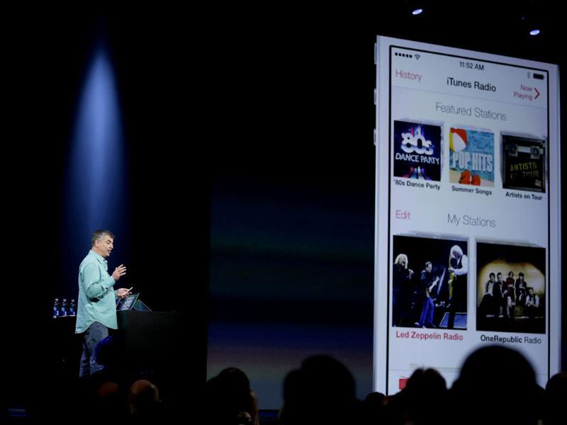 Eddy Cue the Apple senior vice president of Internet Software and Services demonstrates the new iTunes Radio during the keynote address of the Apple Worldwide Developers Conference Monday, June 10, 2013 in San Francisco. Photo: AP/Eric Risberg Eddy Cue the Apple senior vice president of Internet Software and Services demonstrates the new iTunes Radio during the keynote address of the Apple Worldwide Developers Conference Monday, June 10, 2013 in San Francisco. Photo: AP/Eric Risberg
