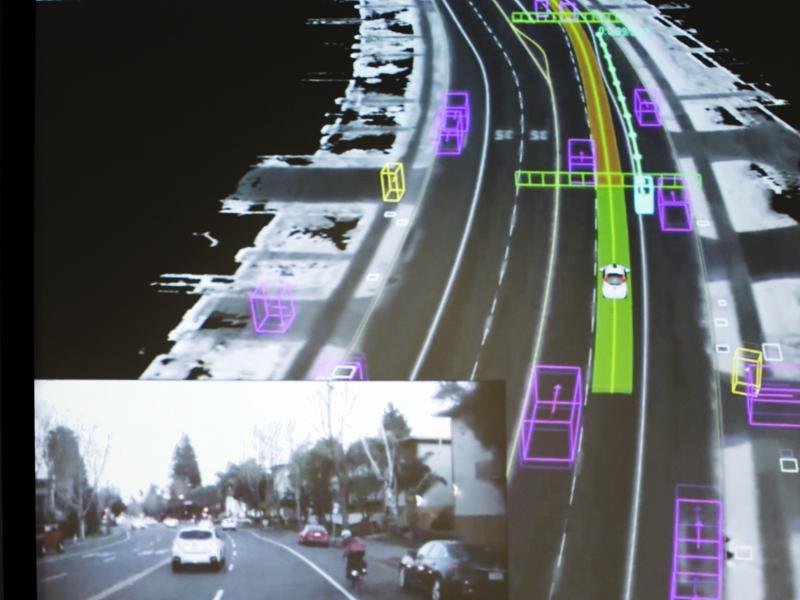 Video captured by a Google self-driving car, inset, is coupled with the same street scene as the data is visualised by the car. (REUTERS) Video captured by a Google self-driving car, inset, is coupled with the same street scene as the data is visualised by the car. (REUTERS)