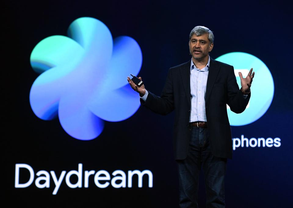 Google Vice President of Business and Operations, Virtual Reality and Augmented Reality Amit Singh speaks during a keynote address by CEO of Huawei Consumer Business Group Richard Yu (not pictured) delivers a keynote address at CES 2017 at The Venetian Las Vegas.