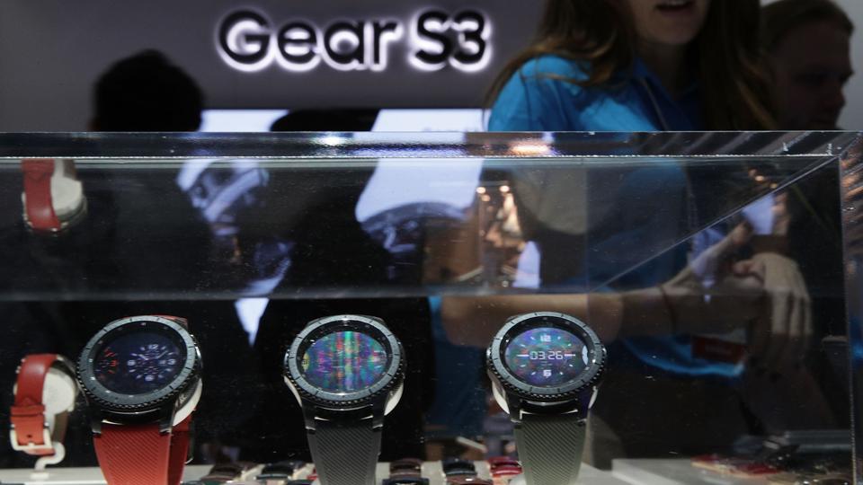 Samsung Gear S3 frontier smartwatches are on display at the Samsung booth during CES 2017 at the Las Vegas Convention Center on January 5.