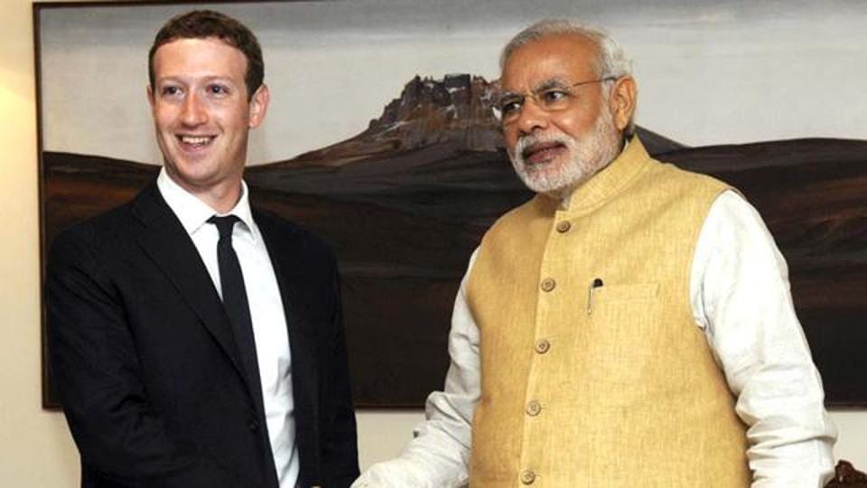 Mark Zuckerberg, founder and CEO of Facebook, shakes hands with Prime Minister Narendra Modi before their meeting in New Delhi.