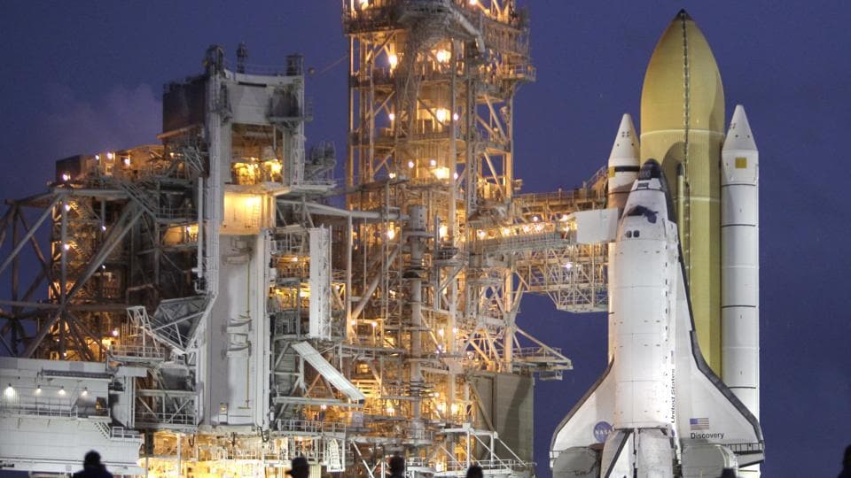 The space shuttle Discovery at launch pad 39A at the Kennedy Space Center in Cape Canaveral, Florida.