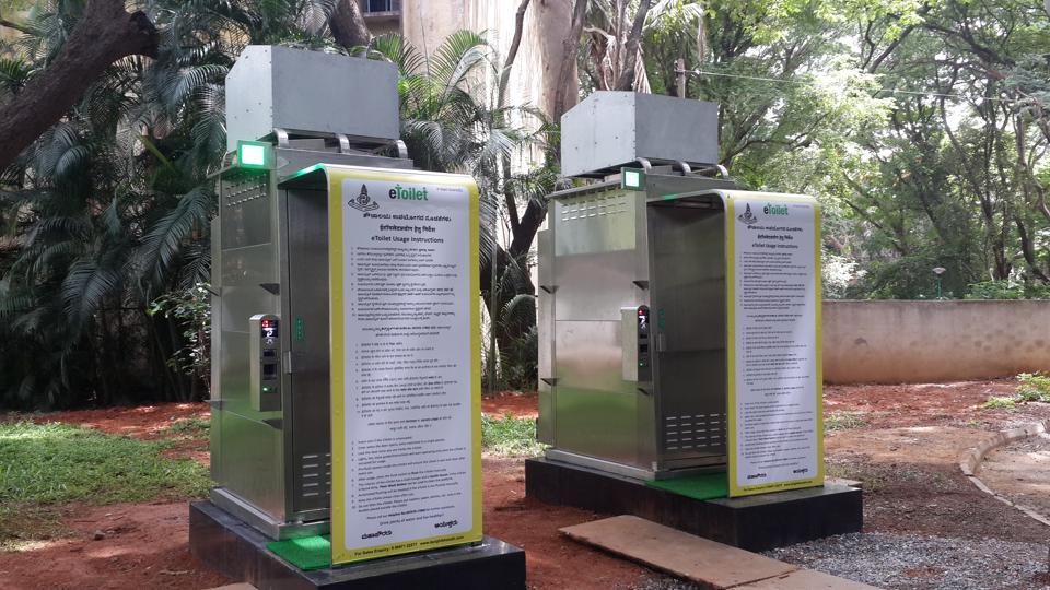 eToilets are unmanned toilets which work on an indigenous technology and are placed on a cement or metal base. On the roof is a 225-litre-capacity water tank connected to the three flushes (pre-flush/platform washing/after-use flush). A display light outside shows whether the unit is occupied (red) or unoccupied (green).
