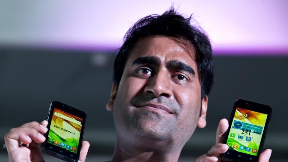 Mohit Goel shows Freedom 251 smartphones, priced at Rs 251 at a press conference in New Delhi, July 7, 2016.