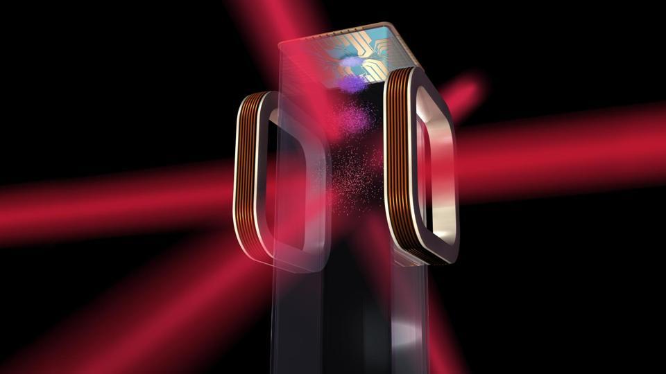 Artist’s concept of a magneto-optical trap and atom chip to be used by NASA’s Cold Atom Laboratory (CAL) aboard the International Space Station.  CAL will use lasers to cool atoms to ultracold temperatures.