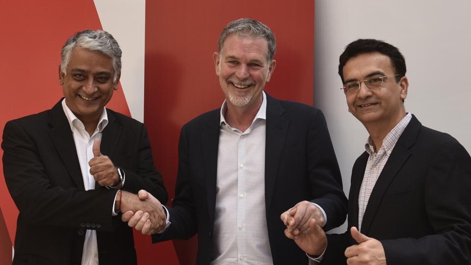 Sandeep Kataria, Director Commercial Vodafone India; Reed Hastings, Co founder and CEO, Netflix and Himanshu Patil , COO Videocone d2h Limited at Netflix's Multi-Platform Parterships Annoucement in New Delhi, India, on Monday, March 6, 2017.