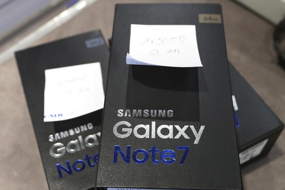 A file photo shows returned boxes of Samsung Electronics' Galaxy Note 7 smartphones are placed at a shop of South Korean mobile carrier in Seoul, South Korea. On Tuesday, Samsung said it's considering bringing the recalled, fire-prone Note 7 back to market as refurbished or rental phones after consulting with regulatory authorities and carriers and assessing local demands. Samsung killed the Note 7 phone after dozens of phones overheated and caught on fire.