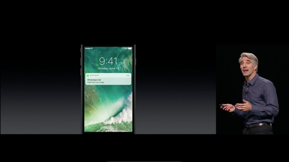 The picture shows a top Apple executive demonstrating the new iPhone lock screen at the launch of iPhone 7 and iPhone 7 Plus last year at the Graham Bell Civic Auditorium in San Francisco.