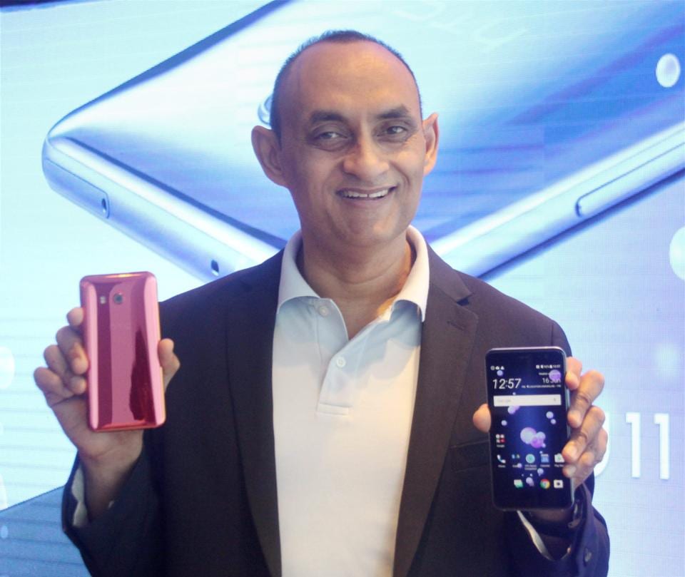 HTC South Asia president Faisal Siddiqui launching the new HTC U11 smartphone in Gurugram on Friday.