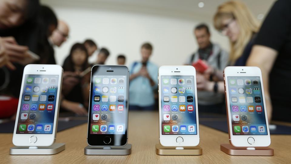 The new iPhone SE is seen on display during an event at the Apple headquarters in Cupertino, California.